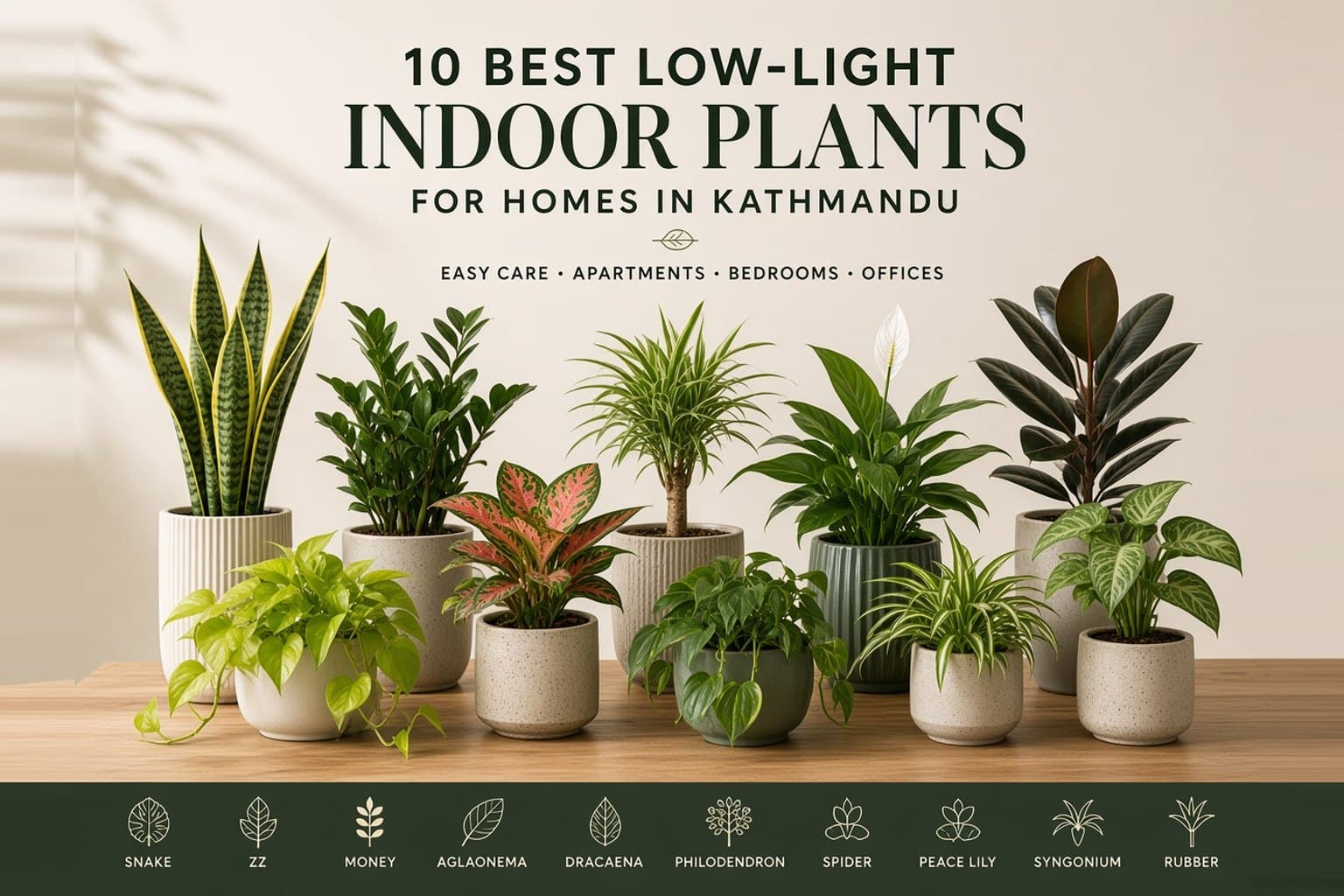 Ten low-light indoor plants arranged for Kathmandu homes, apartments, and offices