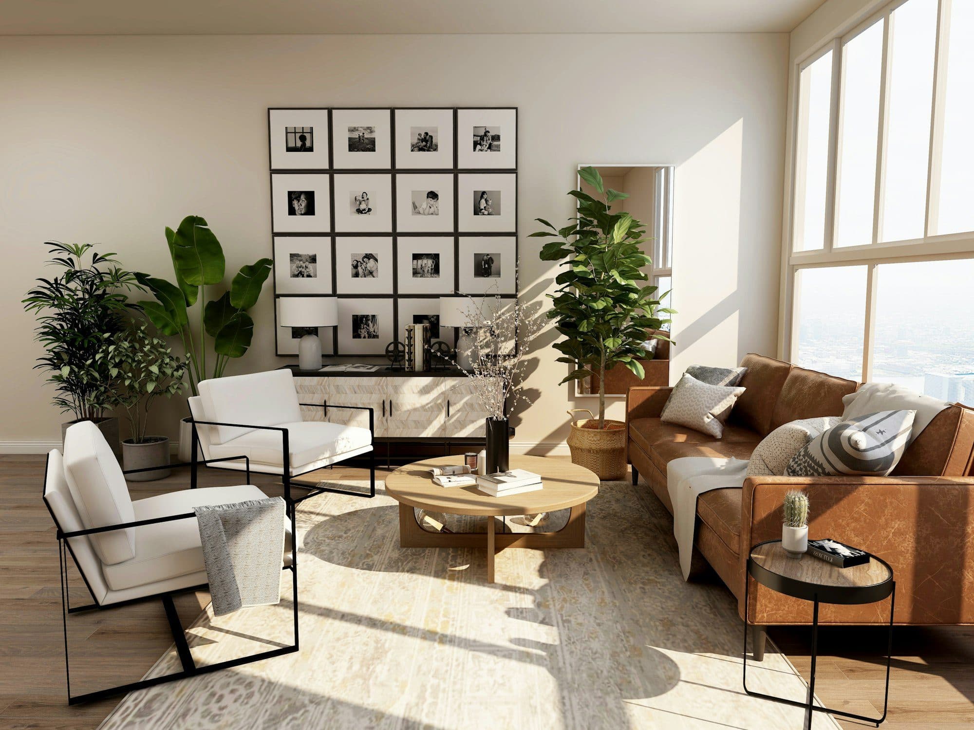 Sunlit living room styled with a fiddle leaf fig, bird of paradise, and other indoor plants